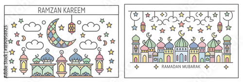 A colorful illustration of mosques and Ramadan greetings for a festive Islamic holiday