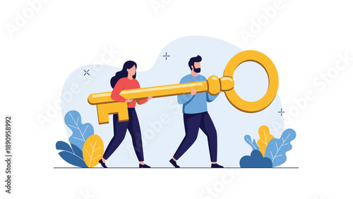 Man and woman in professional attire work together to carry a large golden key symbolizing teamwork and finding solutions.