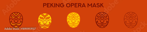 Peking Opera Mask Element For Design Graphic - Multi Styles. Vector Illustration Of Two Colored And Black. Multiple Icons Designs Can Be Used For Mobile, Ui, Web 
