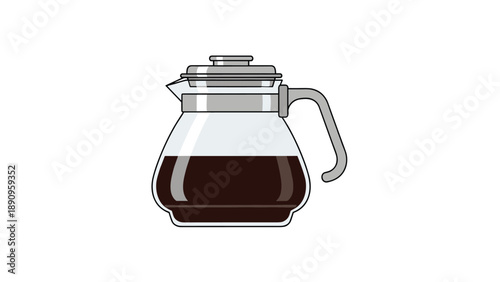 Glass coffee carafe or server filled with dark freshly brewed coffee featuring a silver lid and grey handle on a white background.