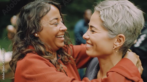 Happy close-up of two women embracing and sharing a laugh, showcasing a heartwarming display of true friendship in a natural outdoor setting