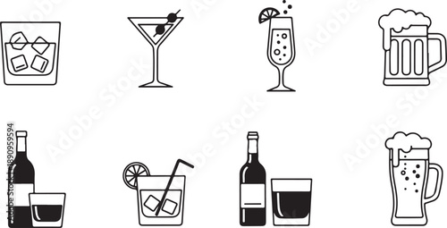 Alcoholic Drinks Collection Icons: Cocktails, Beer, Wine Glasses Isolated on white background