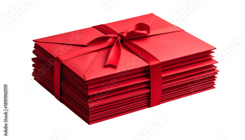A stack of red envelopes, tied with a ribbon, against a black background