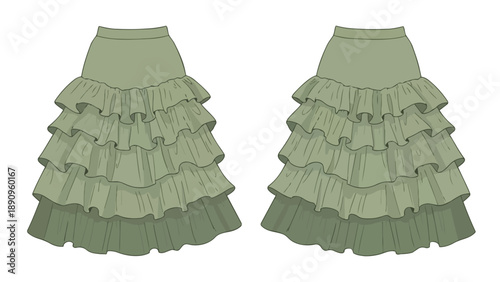 A stylish and elegant tiered ruffle skirt design presented as a professional flat sketch illustration featuring multiple graceful layers in a muted