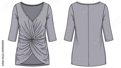 Fashion technical drawing of a stylish women's long sleeve top featuring a chic twisted front design and comfortable V-neckline, ideal for versatile