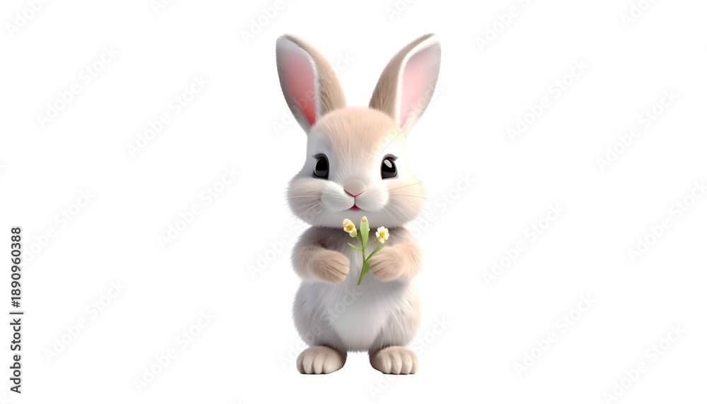 Obraz premium Adorable, cartoon bunny stands holding tiny white flowers. Isolated against black background