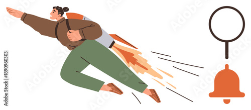 Speed, alerts, technology, notifications, innovation, progress. A person with a rocket-powered backpack flying forward. Speed and alerts concepts conveyed through dynamic motion and symbols