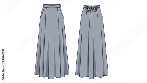 Fashion flat technical drawing of a graceful full length pleated skirt featuring convenient front pockets and an elegant rear tie waist detail for