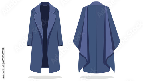 Stylishly rendered blue long coat presented with both front and back views, perfect for fashion illustrations and clothing design resources. This