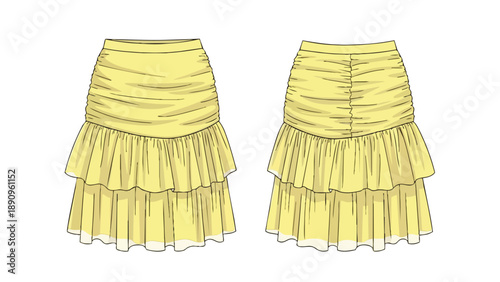Technical flat drawing of a vibrant yellow ruffled skirt, showcasing detailed front and back views with gathering and layered frills, perfect for