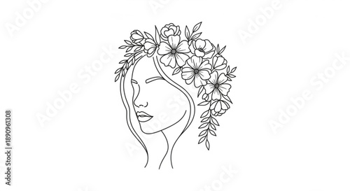 Woman with floral crown line art illustration featuring soft elegant facial features and delicate flowers