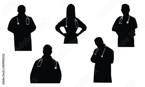 Set of doctor detailed silhouette isolated on white background.