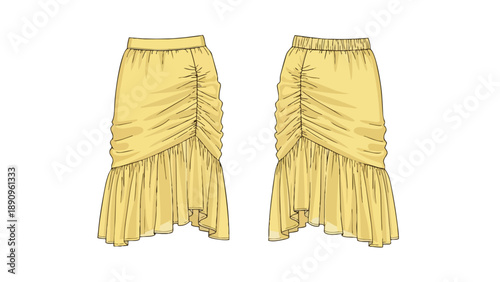 Detailed technical flat sketch illustration of a trendy yellow ruched midi skirt for women, showcasing a stylish elastic waistband and a charming