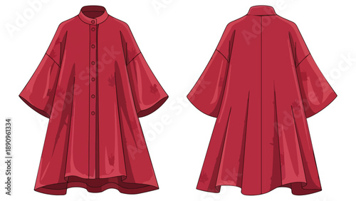 Vibrant crimson flowing silhouette dress design illustration with stand collar and wide sleeves offering a versatile fashion flat technical drawing