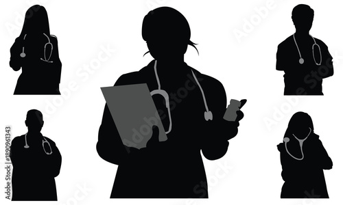 Set of doctor detailed silhouette isolated on white background.