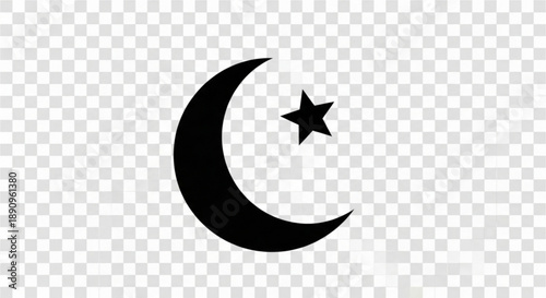 Black crescent moon and star symbol on transparent background representing islamic or cultural iconography