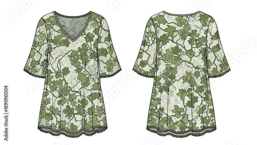 Loose-fitting V-neck tunic top illustration with natural green leaf pattern showcasing both front and back views