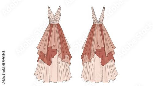 Elegant layered dress design. Front and back views of a graceful V-neck gown with a flowing tiered skirt in soft, earthy tones. Ideal for fashion