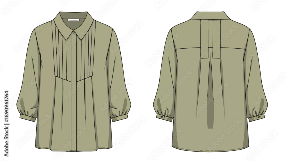 Naklejka premium Detailed fashion flat sketch of an elegant women's blouse with delicate pintuck details and voluminous sleeves