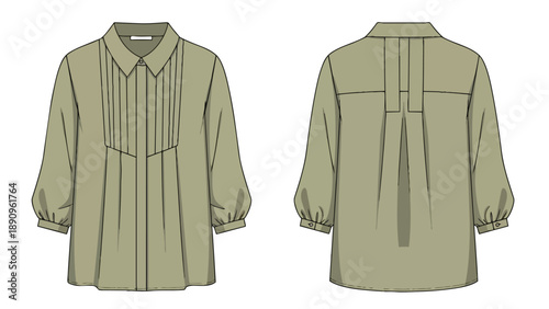 Detailed fashion flat sketch of an elegant women's blouse with delicate pintuck details and voluminous sleeves