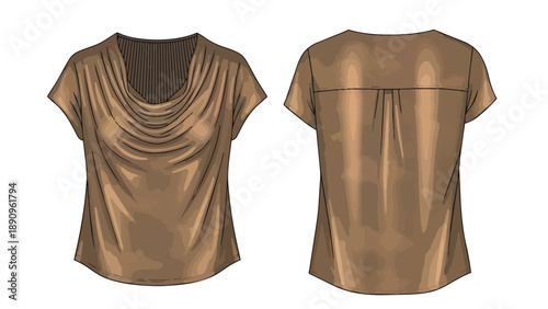 Versatile women's brown cowl neck top fashion illustration front and back views showing elegant draping and relaxed fit design for everyday wear