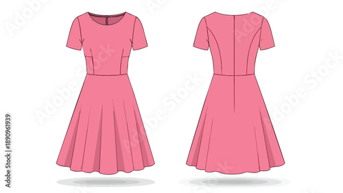 Detailed technical flat sketch illustration of a charming short-sleeved pink A-line dress, showcasing both its elegant front and back views with