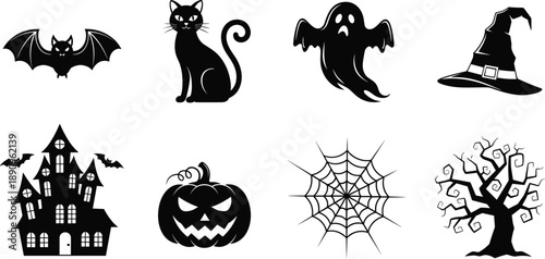 Halloween silhouette collection with black cat, spooky ghost, witch hat, haunted house, jack o lantern pumpkin, bat, and creepy dead tree.