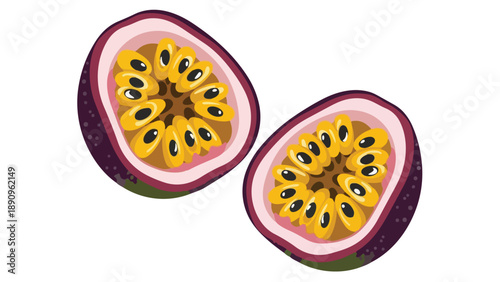 Vibrant tropical passion fruit halves with juicy golden pulp and dark seeds, showcasing a refreshing and exotic flavor profile against a clean white