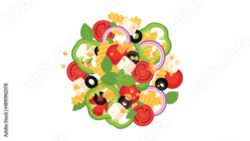 Fresh pasta salad ingredients vibrant illustration depicting healthy mediterranean cuisine
