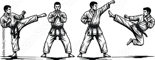 Karate fighter silhouettes set with martial arts poses, high kicks, punching, and meditative stance in hand drawn black ink style.