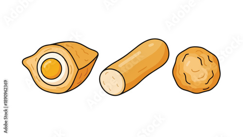 Charming cartoon illustration of diverse traditional fried and baked dough snacks