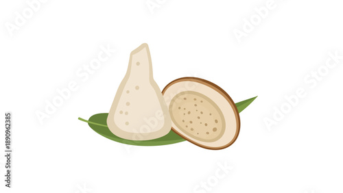 Vibrant illustration of a traditional conical sweet and a fresh coconut half, symbolizing cultural culinary delights and wholesome ingredients