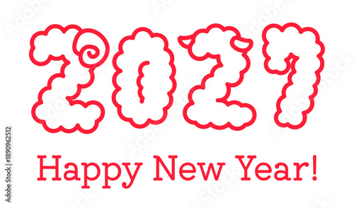 2027年未年年賀状用の羊のツノと耳のついたふわふわ毛皮の文字とHappy New Year!の赤い文字デザイン