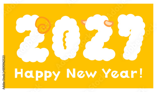 2027年未年年賀状用の羊のツノと耳のついたふわふわ毛皮の文字とHappy New Year!の白い文字デザイン