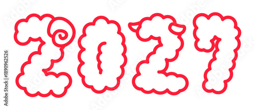 2027年未年年賀状用の羊のツノと耳のついたふわふわ毛皮の2027と書かれた赤い文字素材