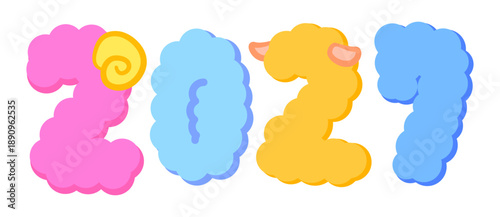 2027年未年年賀状用の羊のツノと耳のついたふわふわ毛皮の2027と書かれたカラフル文字素材