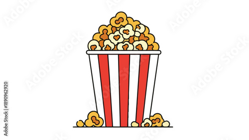 A cheerful graphic art representation of a timeless red and white striped bucket filled to the brim with delicious golden fluffy kernels perfect for