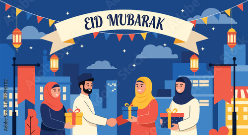 People exchanging gifts on a decorated street during Eid celebration, modern flat vector illustrating festive greetings, friendship, and joyful Eid Mubarak tradition