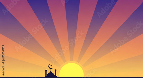 Serene mosque silhouette at sunrise with vibrant purple orange and yellow hues rays of light