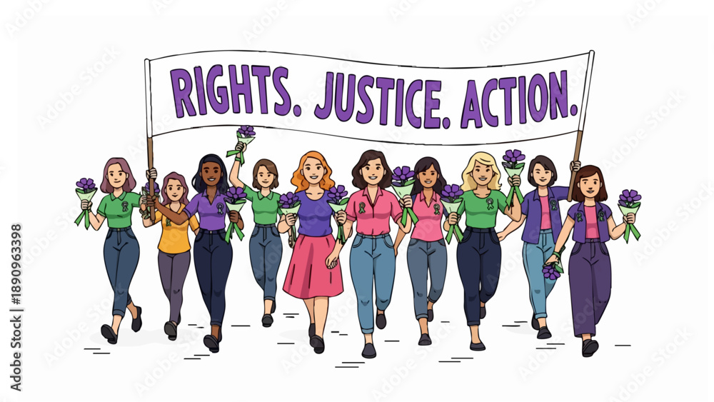 Obraz premium Women Marching for Rights and Justice Cartoon Scene