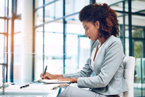 Obraz na plátně Businesswoman, planning and writing in office with notebook, admin and goal setting for audit schedule