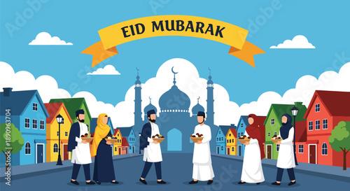 Friends visiting each other with sweet baskets during Eid, modern flat vector illustrating friendship, sharing, and festive Eid Mubarak spirit