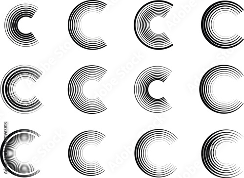 Wallpaper Mural Set of 12 abstract graphic elements in the shape of a stylized letter 'C' with concentric line patterns Torontodigital.ca
