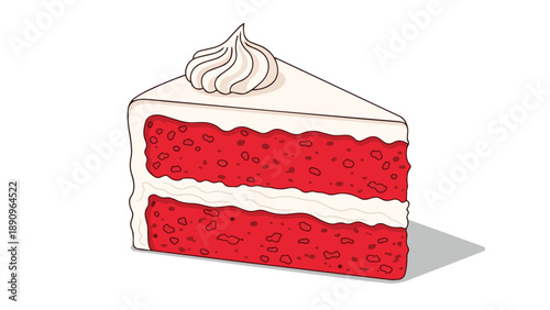 A delectable cartoon style red velvet cake slice, artfully adorned with rich creamy frosting layers and a peak of sweet topping, perfect for any