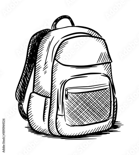 Hand drawn of a black and white backpack with multiple pockets and straps a white background