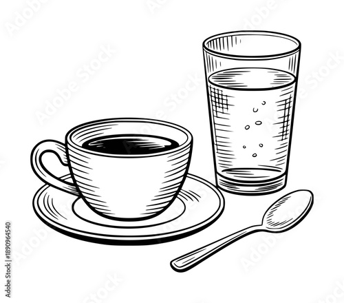Hand drawn black and white of a coffee cup a saucer with a glass of water and a spoon