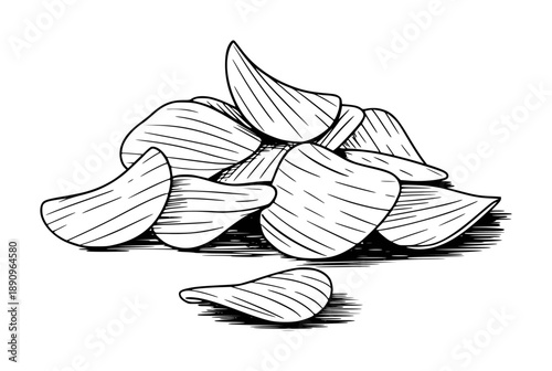 Hand drawn pile of ridged potato chips with chip in foreground white background snack food