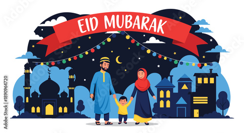 Family walking together under decorative lights after Eid prayer, modern flat vector showing peaceful Eid Mubarak night scene