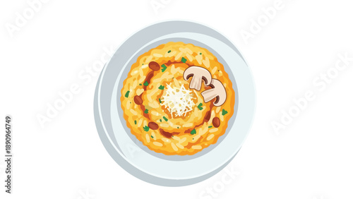 A visually appealing illustration of a gourmet mushroom risotto dish, perfectly plated with fresh garnishes, showcasing a delightful culinary