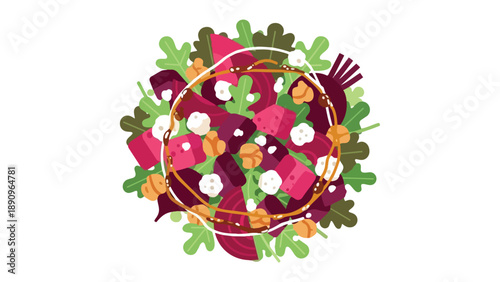 Artistic flat lay of vibrant beet and greens salad with creamy cheese and crunchy nuts drizzled with dressing